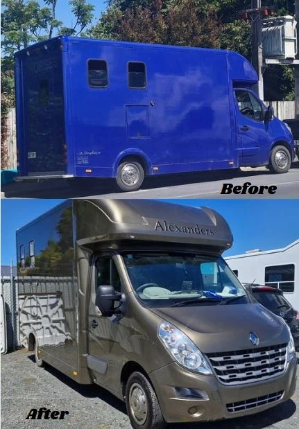 Alexanders horse truck refinished from bright blue to deep metallic bronze