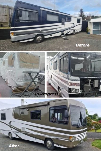 Parker motorhome respray, before in navy and white, after in bronze metallic
